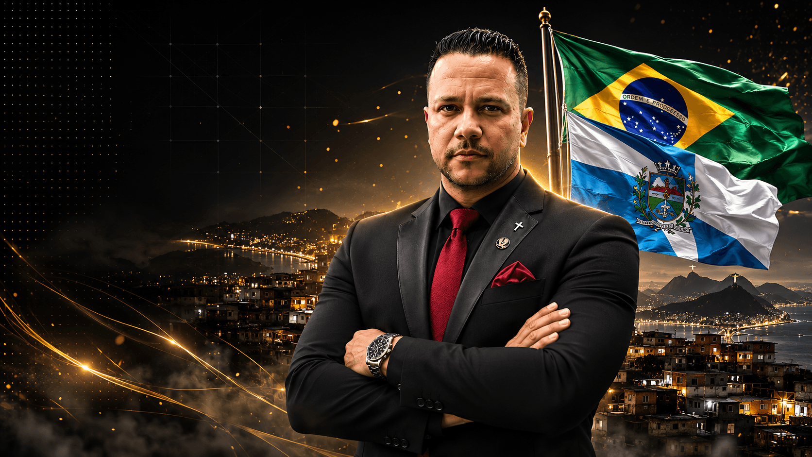 Pastor Taquaraci Rodrigues diante das bandeiras do Brasil e do Rio de Janeiro