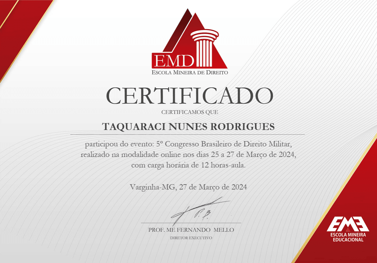 Certificado emitido a Taquaraci Nunes Rodrigues