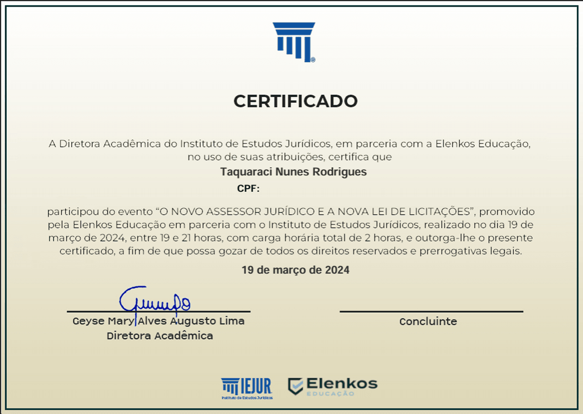 Certificado do Instituto de Estudos Jurídicos — Elenkos Educação