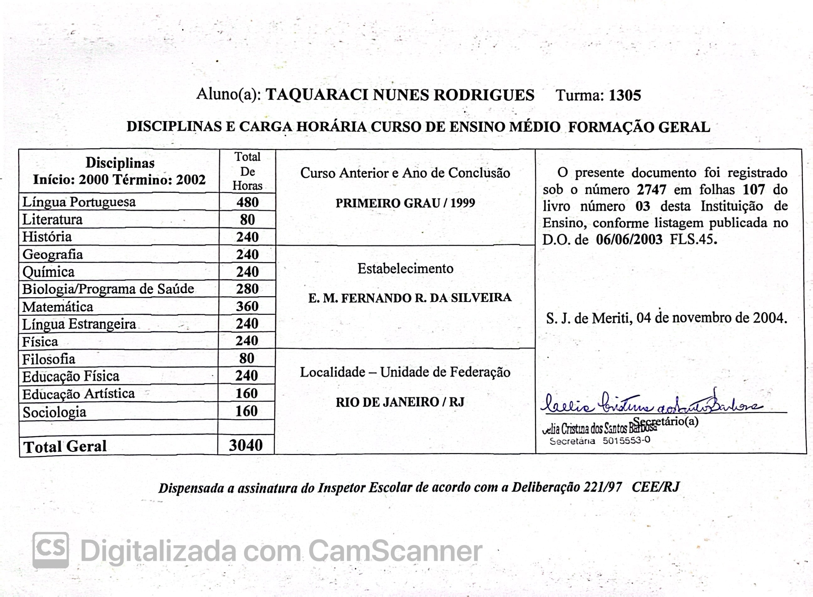 Histórico escolar do ensino médio — formação geral