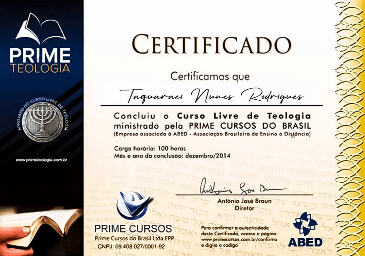 Certificado de Curso Livre de Teologia — Prime Cursos do Brasil