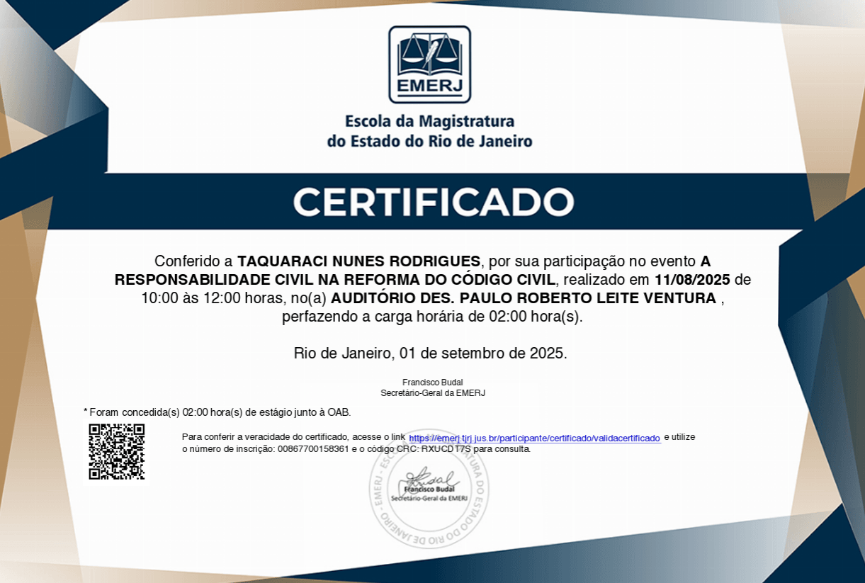 Certificado da Escola da Magistratura do Estado do Rio de Janeiro